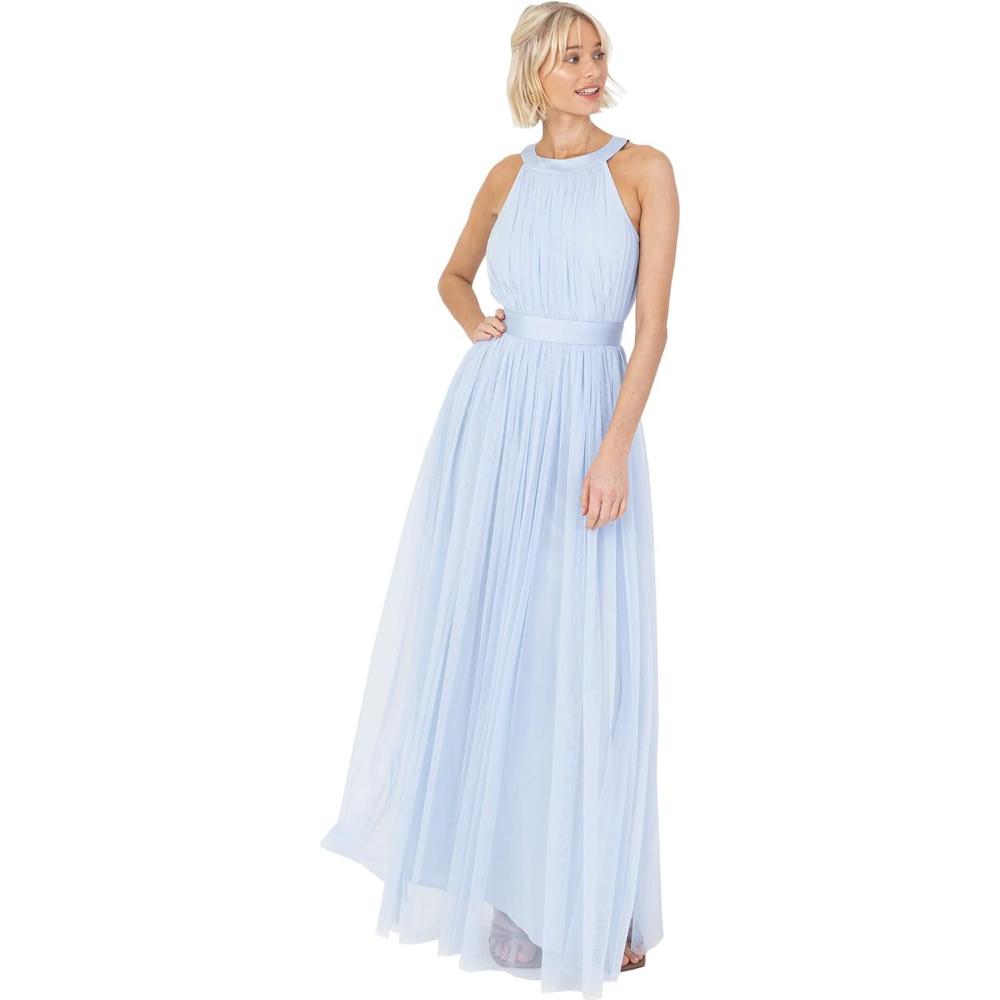 imageAnaya with LoveRobe Longue Robe De Soire Robe Femme Chic Col Licou Long sans Manches avec Ceinture Robe De Bal Demoiselle dhonneurBleu Clair