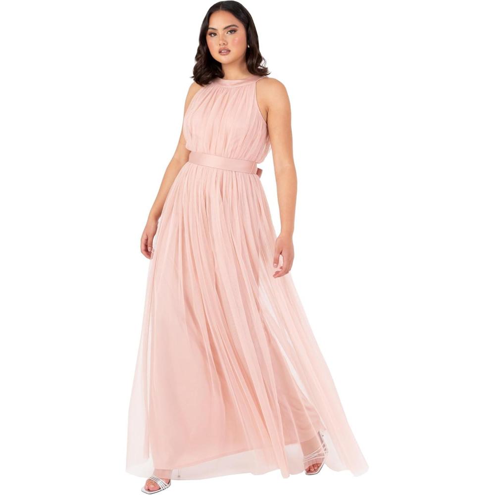 imageAnaya with LoveRobe Longue Robe De Soire Robe Femme Chic Col Licou Long sans Manches avec Ceinture Robe De Bal Demoiselle dhonneurBlush Peach