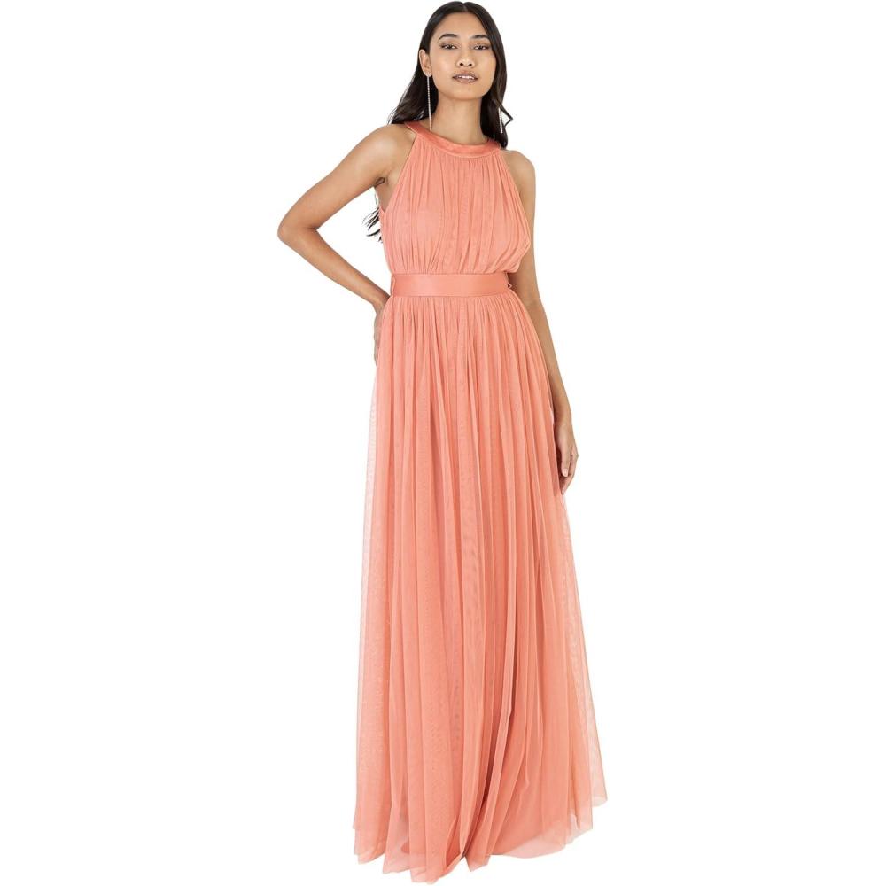 imageAnaya with LoveRobe Longue Robe De Soire Robe Femme Chic Col Licou Long sans Manches avec Ceinture Robe De Bal Demoiselle dhonneurCorail