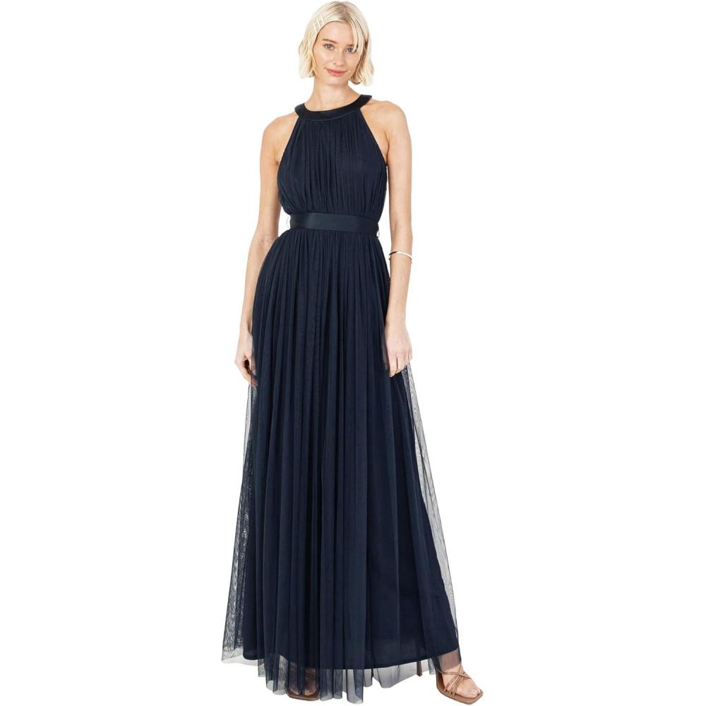 imageAnaya with LoveRobe Longue Robe De Soire Robe Femme Chic Col Licou Long sans Manches avec Ceinture Robe De Bal Demoiselle dhonneurMarine