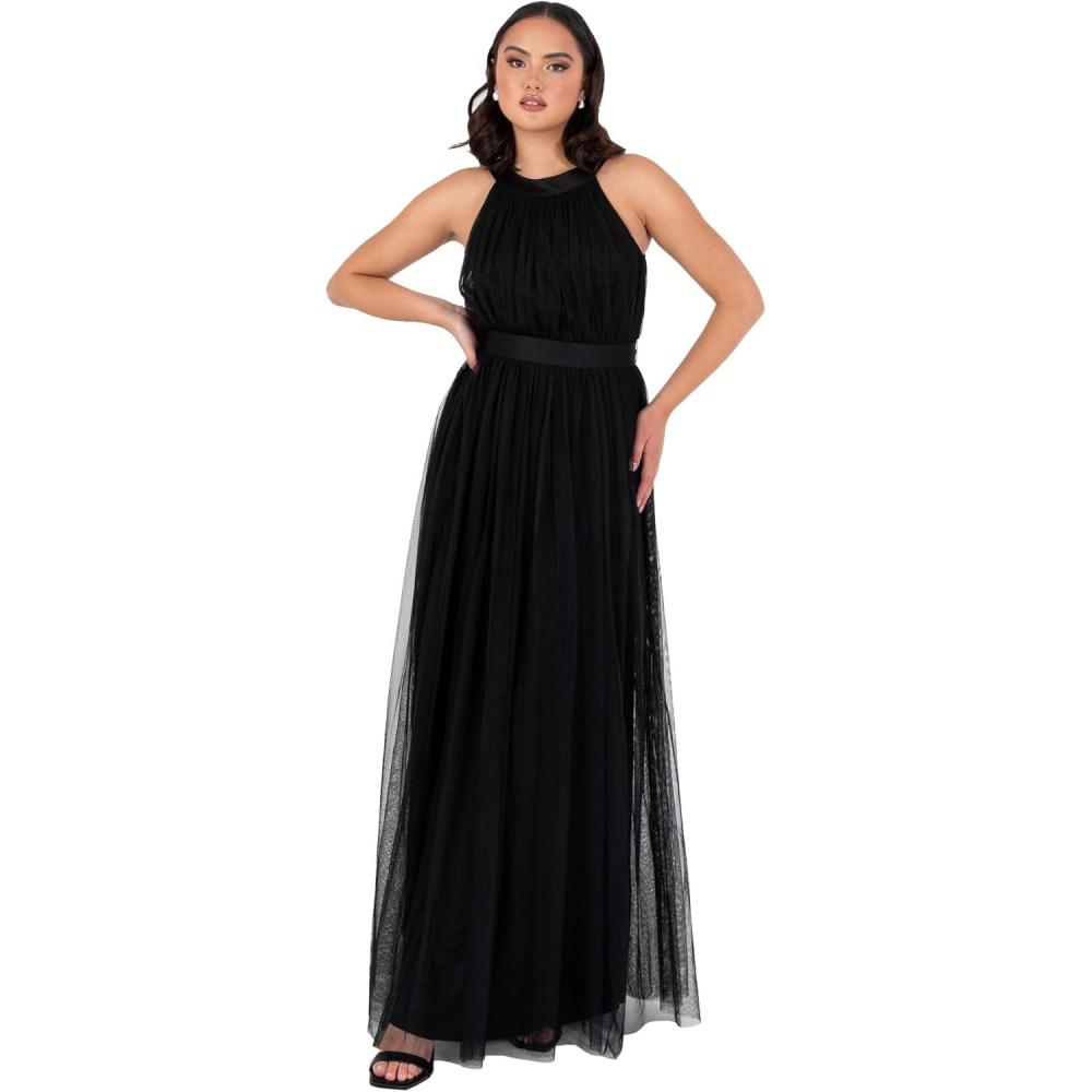 imageAnaya with LoveRobe Longue Robe De Soire Robe Femme Chic Col Licou Long sans Manches avec Ceinture Robe De Bal Demoiselle dhonneurNoir