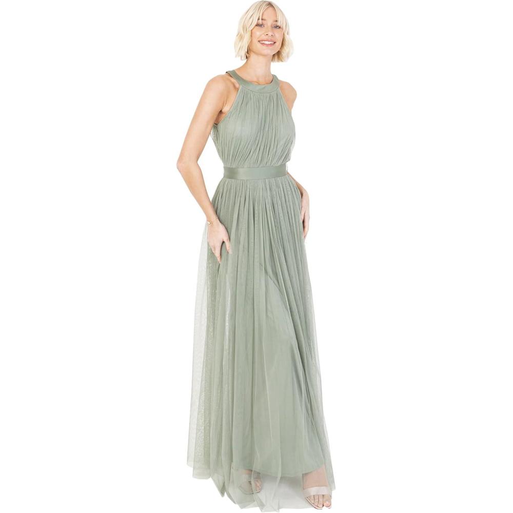 imageAnaya with LoveRobe Longue Robe De Soire Robe Femme Chic Col Licou Long sans Manches avec Ceinture Robe De Bal Demoiselle dhonneurVert Givr