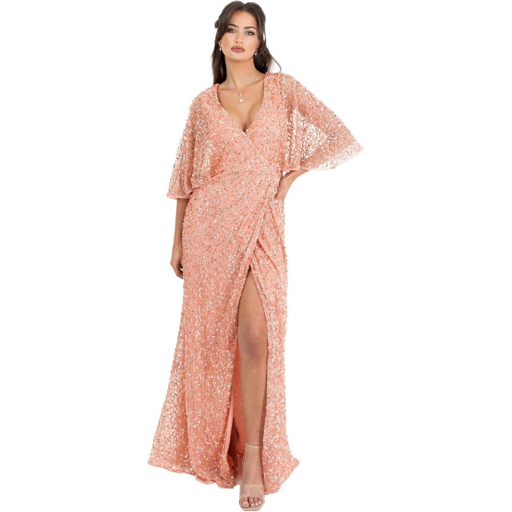 imageMaya Deluxe Womens Maxi Ladies Sequin Embellished Wrap ALine Dress for Wedding Guest Bridesmaid Evening Prom Ball OccasionApricot Blush