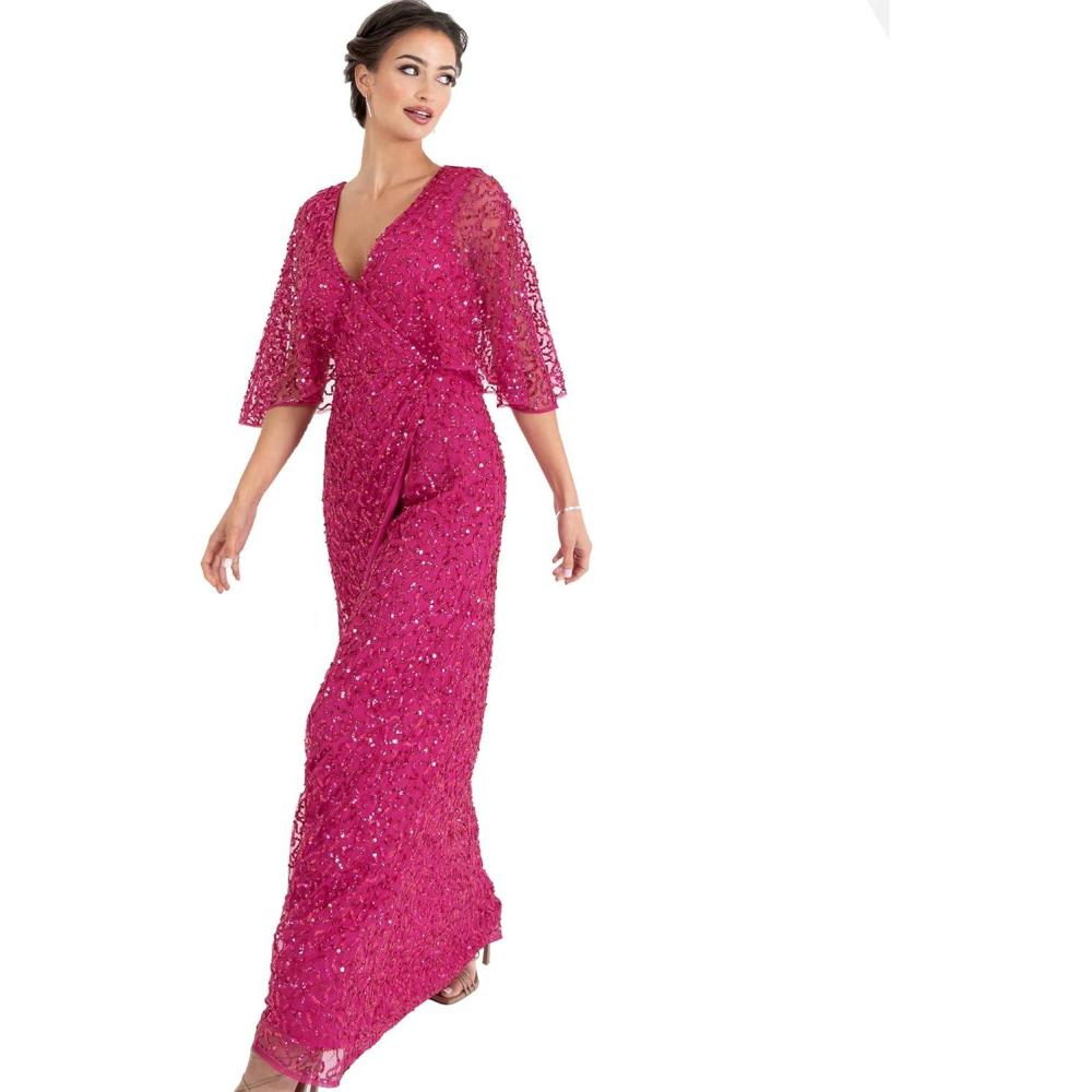 imageMaya Deluxe Womens Maxi Ladies Sequin Embellished Wrap ALine Dress for Wedding Guest Bridesmaid Evening Prom Ball OccasionFuchsia