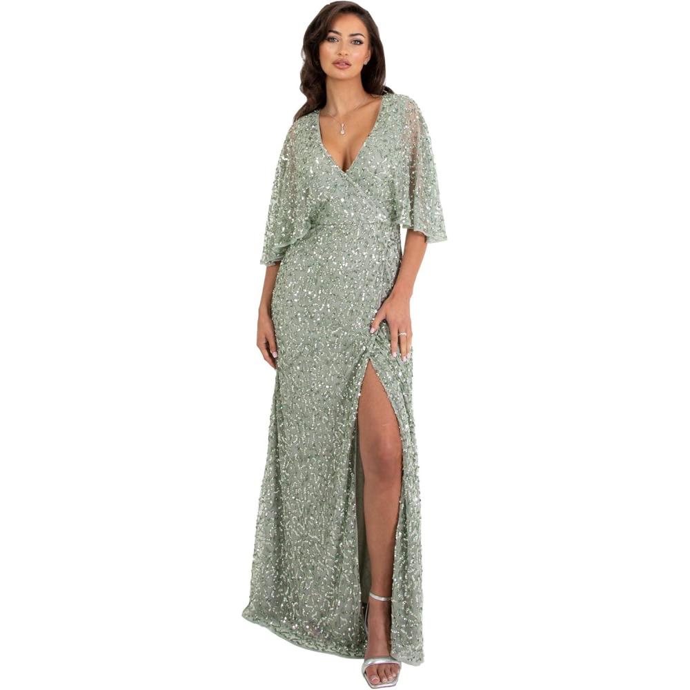 imageMaya Deluxe Womens Maxi Ladies Sequin Embellished Wrap ALine Dress for Wedding Guest Bridesmaid Evening Prom Ball OccasionGreen Lily