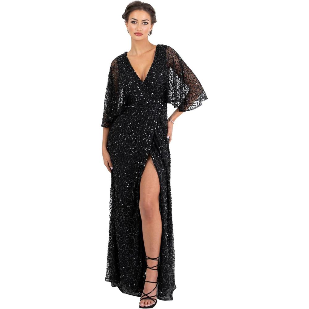imageMaya Deluxe Womens Maxi Ladies Sequin Embellished Wrap ALine Dress for Wedding Guest Bridesmaid Evening Prom Ball OccasionNoir