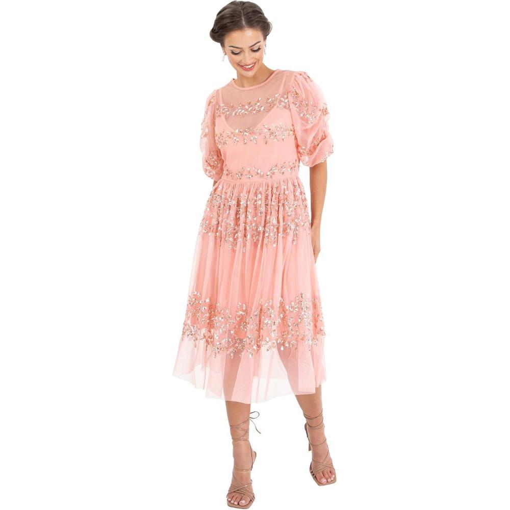 imageMaya Deluxe Womens Midi Ladies Sequin Embellished Short Sleeve Dress for Wedding Guest Bridesmaid Prom Ball Evening Occasion Robe FemmeApricot Blush