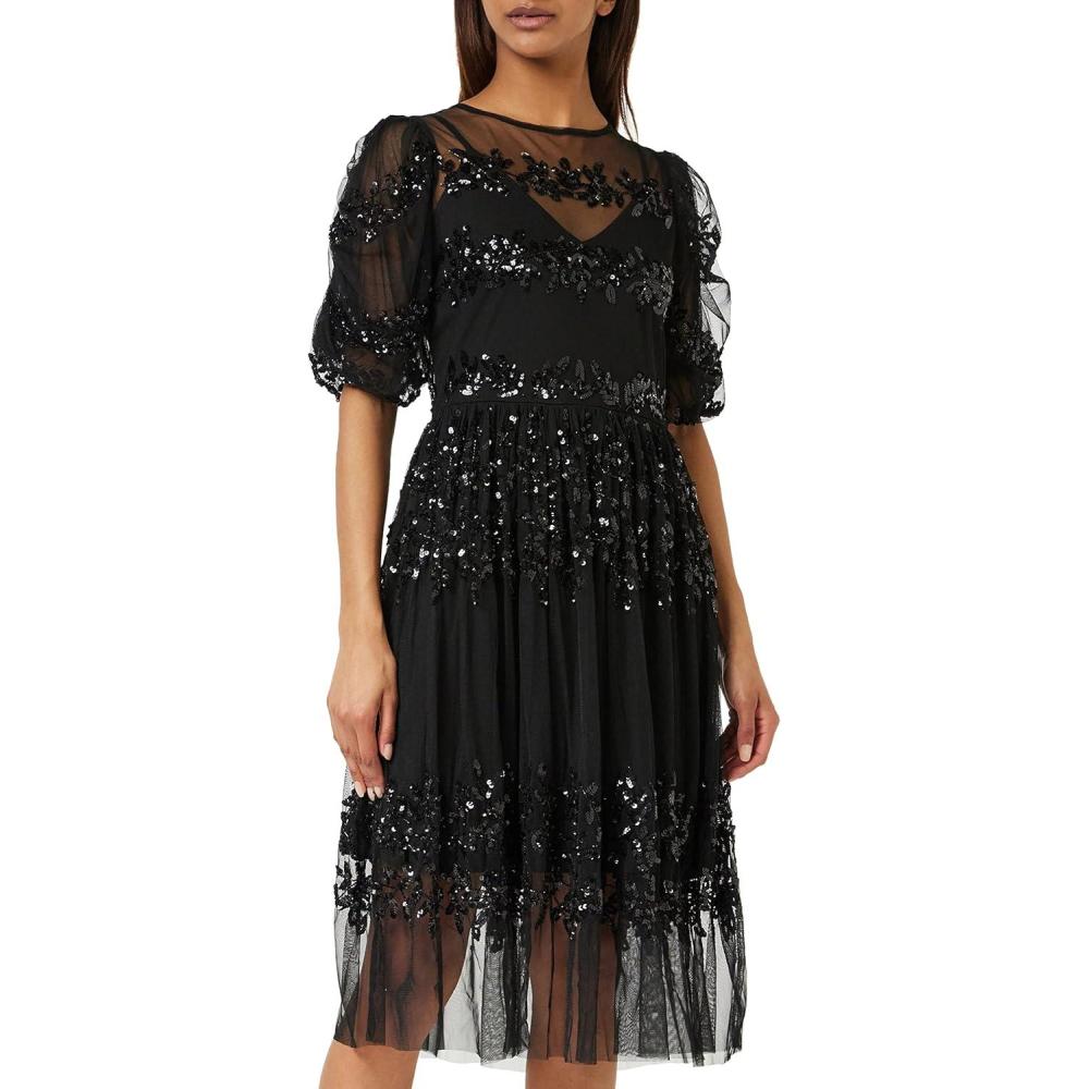 imageMaya Deluxe Womens Midi Ladies Sequin Embellished Short Sleeve Dress for Wedding Guest Bridesmaid Prom Ball Evening Occasion Robe FemmeNoir