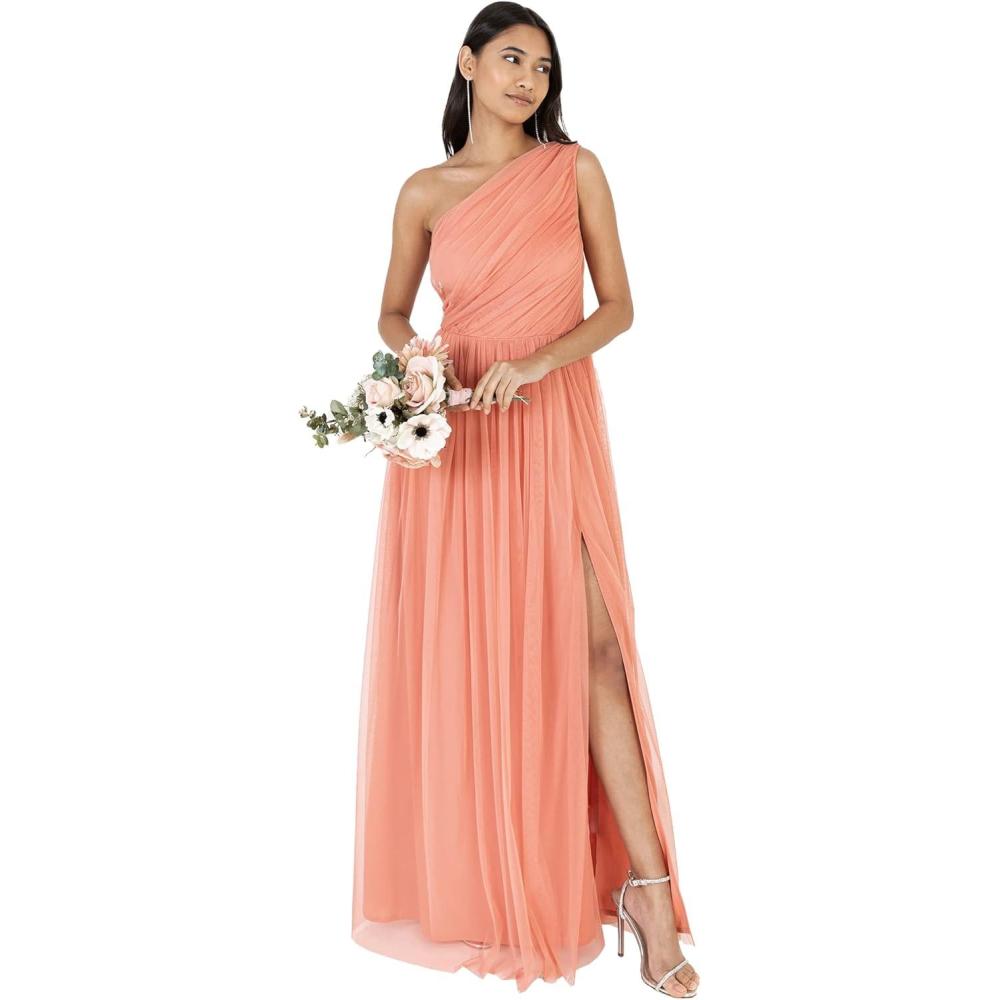 imageWomens Ladies Maxi One Cold Shoulder Dress with Slit Split Sleeveless Prom Wedding Guest Bridesmaid Ball Evening GownCoral Pink