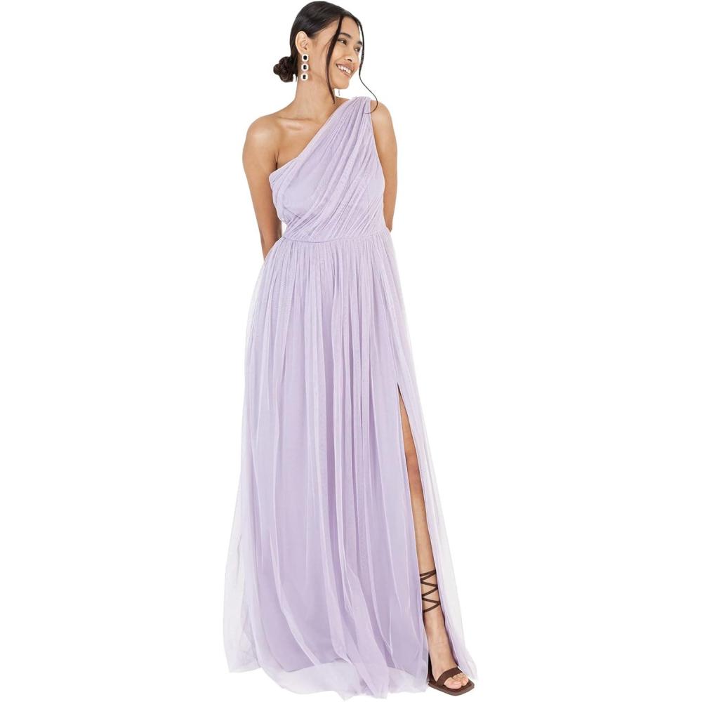 imageWomens Ladies Maxi One Cold Shoulder Dress with Slit Split Sleeveless Prom Wedding Guest Bridesmaid Ball Evening GownDusty Lilac