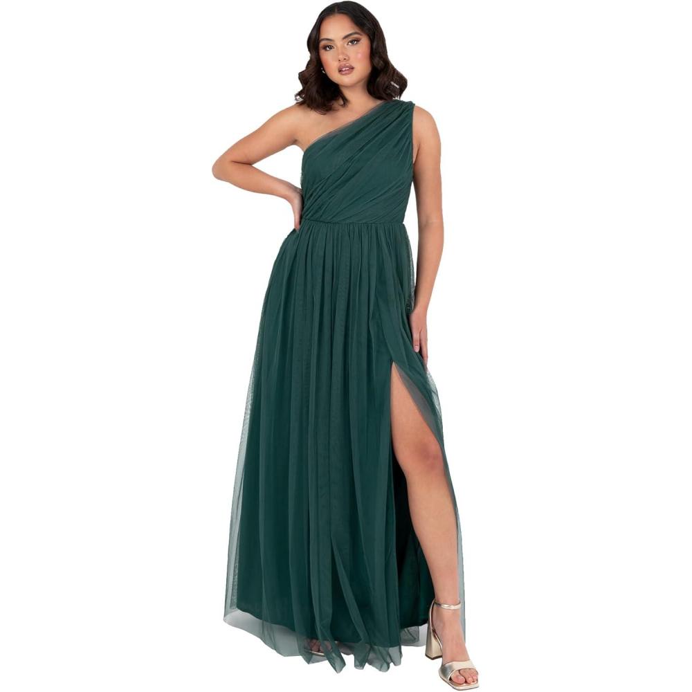 imageWomens Ladies Maxi One Cold Shoulder Dress with Slit Split Sleeveless Prom Wedding Guest Bridesmaid Ball Evening GownEmerald Green