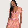 Anaya with Love Women&rsquo;s Maxi Dress Ladies Flutter Sleeve Plunge V-Neck Ruffle Tiered Skirt Lace-up Strappy Back Tropical Floral Print Femme(Corail)