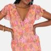 Anaya with Love Women&rsquo;s Maxi Dress Ladies Flutter Sleeve Plunge V-Neck Ruffle Tiered Skirt Lace-up Strappy Back Tropical Floral Print Femme(Corail)