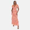 Anaya with Love Women&rsquo;s Maxi Dress Ladies Flutter Sleeve Plunge V-Neck Ruffle Tiered Skirt Lace-up Strappy Back Tropical Floral Print Femme(Corail)