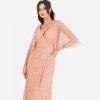 Maya Deluxe Women&rsquo;s Maxi Ladies Sequin Embellished Wrap A-Line Dress for Wedding Guest Bridesmaid Evening Prom Ball Occasion(Apricot Blush)