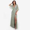Maya Deluxe Women&rsquo;s Maxi Ladies Sequin Embellished Wrap A-Line Dress for Wedding Guest Bridesmaid Evening Prom Ball Occasion(Green Lily)