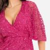 Maya Deluxe Womens Midi Ladies Sequin Embellished Cape Sleeve Wrap Dress for Wedding Guest Bridesmaid Cocktail Prom Evening Robe Femme(Fuchsia)