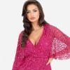 Maya Deluxe Womens Midi Ladies Sequin Embellished Cape Sleeve Wrap Dress for Wedding Guest Bridesmaid Cocktail Prom Evening Robe Femme(Fuchsia)