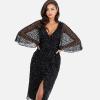 Maya Deluxe Womens Midi Ladies Sequin Embellished Cape Sleeve Wrap Dress for Wedding Guest Bridesmaid Cocktail Prom Evening Robe Femme(Noir)