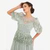 Maya Deluxe Womens Midi Ladies Sequin Embellished Short Sleeve Dress for Wedding Guest Bridesmaid Prom Ball Evening Occasion Robe Femme(Green Lily)