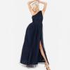Womens Ladies Maxi One Cold Shoulder Dress with Slit Split Sleeveless Prom Wedding Guest Bridesmaid Ball Evening Gown(Navy Blue)