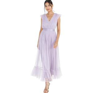 Anaya with Love Ladies Maxi Dress for Women V Neckline Sleeveless Frilly for Wedding Guest Bridesmaid Prom Long High Empire Waist Tiered Robe Femme (Lot de 1)(Dusty Lilac)