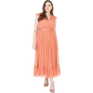 Anaya with Love Ladies Maxi Dress for Women V Neckline Sleeveless Frilly for Wedding Guest Bridesmaid Prom Long High Empire Waist Tiered Robe Femme (Lot de 1)(Coral Pink)