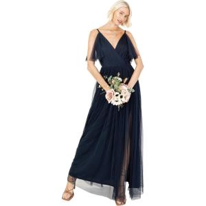 Anaya with Love Ladies Women Dress Maxi Short Sleeve Cami V Neckline Long Length Empire Waist Bridesmaid Wedding Guest Prom Robe Femme(Navy Blue)