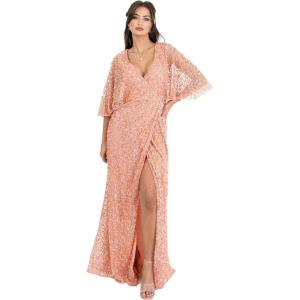 Maya Deluxe Women&rsquo;s Maxi Ladies Sequin Embellished Wrap A-Line Dress for Wedding Guest Bridesmaid Evening Prom Ball Occasion(Apricot Blush)