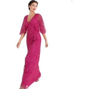 Maya Deluxe Women&rsquo;s Maxi Ladies Sequin Embellished Wrap A-Line Dress for Wedding Guest Bridesmaid Evening Prom Ball Occasion(Fuchsia)