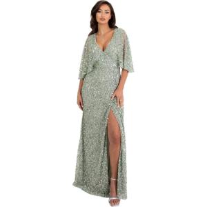 Maya Deluxe Women&rsquo;s Maxi Ladies Sequin Embellished Wrap A-Line Dress for Wedding Guest Bridesmaid Evening Prom Ball Occasion(Green Lily)