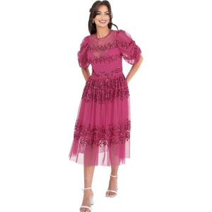 Maya Deluxe Womens Midi Ladies Sequin Embellished Short Sleeve Dress for Wedding Guest Bridesmaid Prom Ball Evening Occasion Robe Femme(Fuchsia)