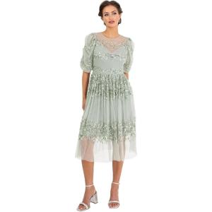 Maya Deluxe Womens Midi Ladies Sequin Embellished Short Sleeve Dress for Wedding Guest Bridesmaid Prom Ball Evening Occasion Robe Femme(Green Lily)