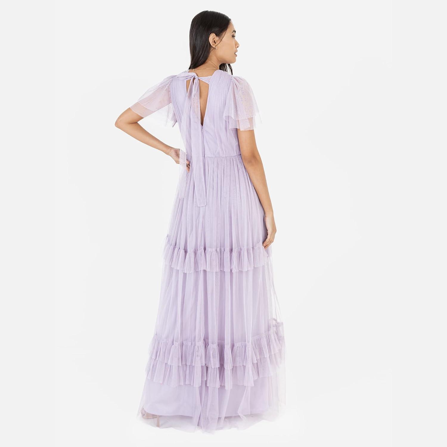 imageAnaya with Love Ladies Maxi Dress for Women Short Sleeve Evening Ball Gown Tiered V Neck Bow Tie Bridesmaid Wedding Guest Prom Long Robe Femme Lot de 1Dusty Lilac