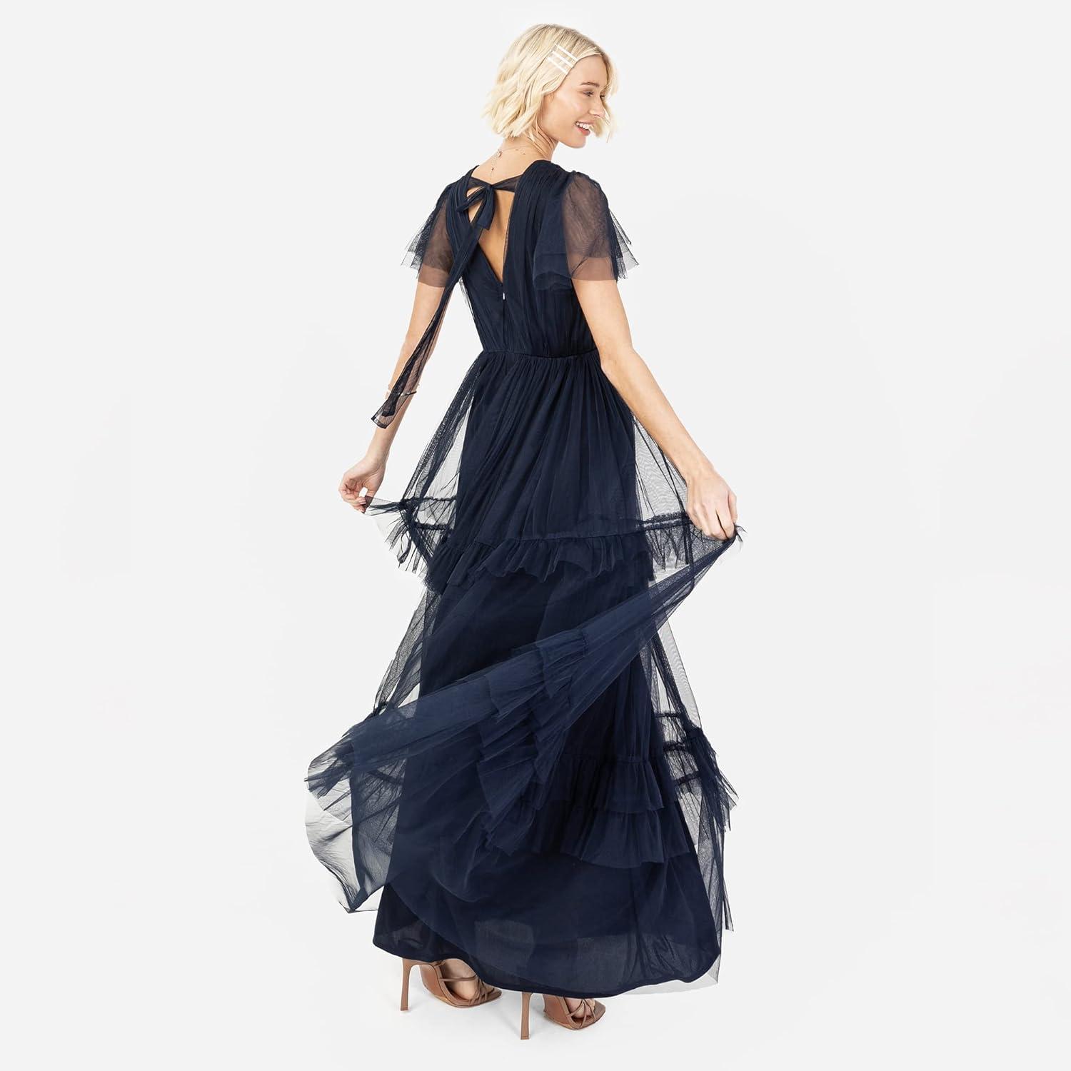 imageAnaya with Love Ladies Maxi Dress for Women Short Sleeve Evening Ball Gown Tiered V Neck Bow Tie Bridesmaid Wedding Guest Prom Long Robe Femme Lot de 1Navy Blue