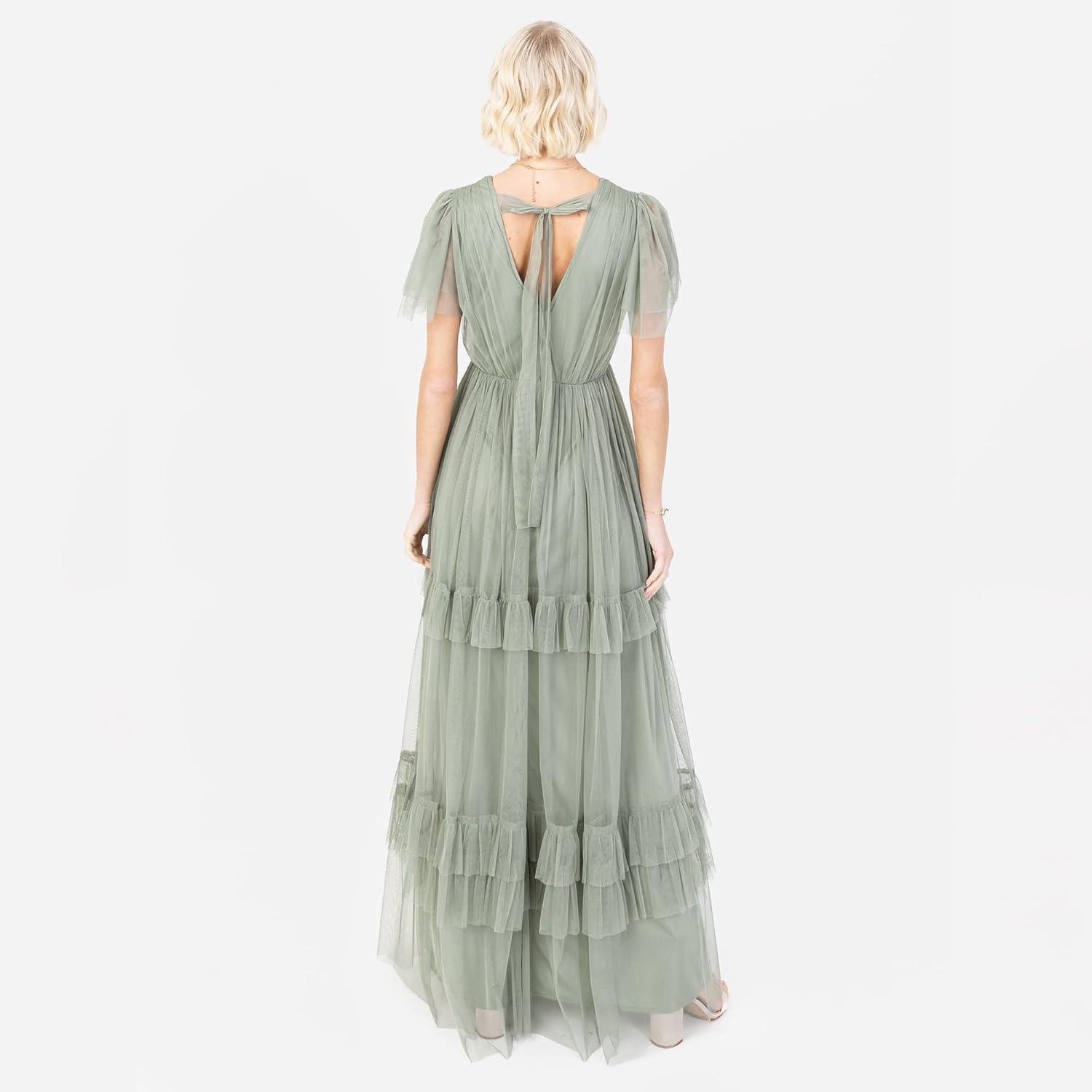 imageAnaya with Love Ladies Maxi Dress for Women Short Sleeve Evening Ball Gown Tiered V Neck Bow Tie Bridesmaid Wedding Guest Prom Long Robe Femme Lot de 1Frosted Green