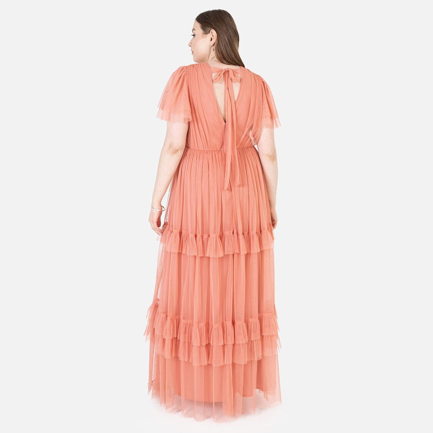 imageAnaya with Love Ladies Maxi Dress for Women Short Sleeve Evening Ball Gown Tiered V Neck Bow Tie Bridesmaid Wedding Guest Prom Long Robe Femme Lot de 1Coral Pink