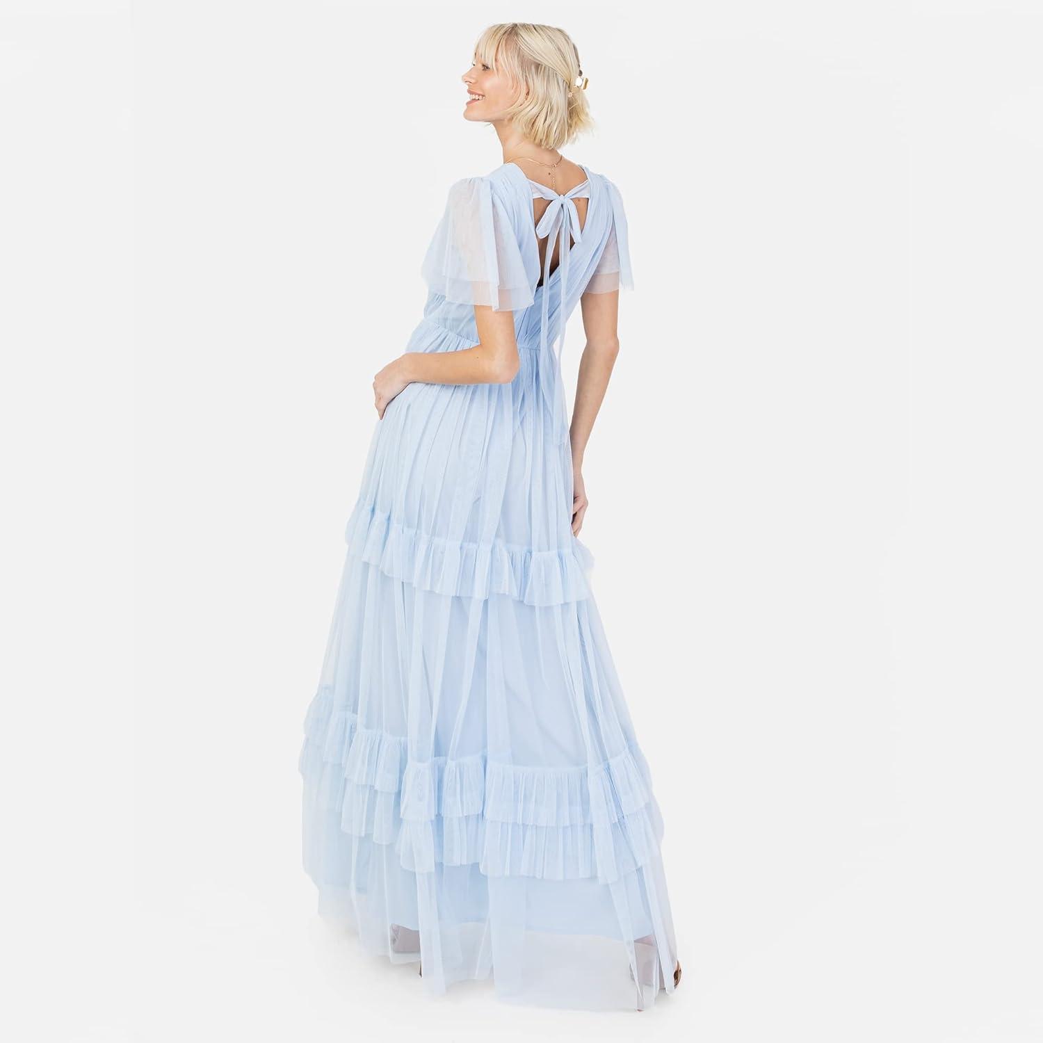 imageAnaya with Love Ladies Maxi Dress for Women Short Sleeve Evening Ball Gown Tiered V Neck Bow Tie Bridesmaid Wedding Guest Prom Long Robe Femme Lot de 1Light Blue