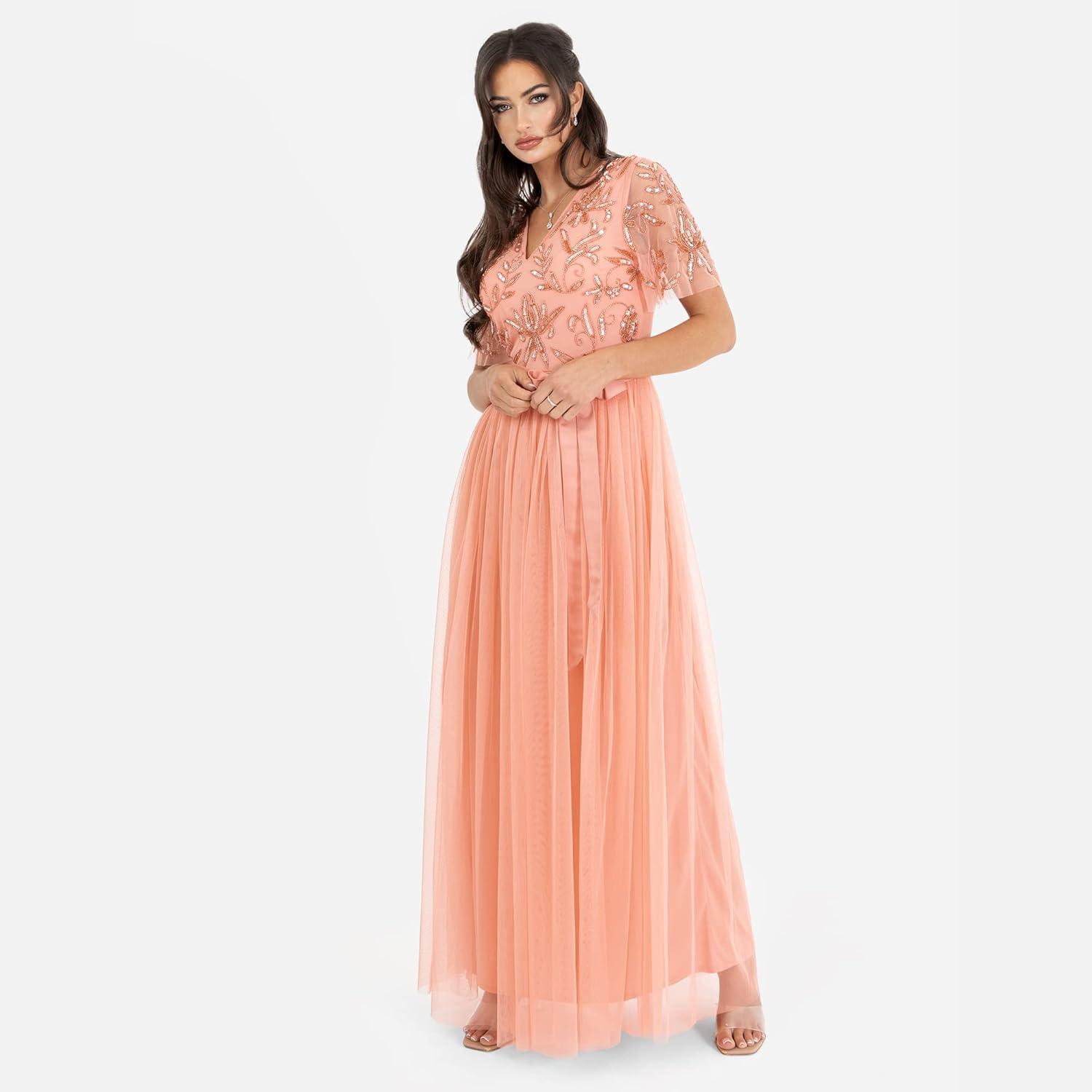 imageMaya Deluxe Womens Maxi Dress Ladies Ball Gown for Wedding Guest Embellished Tie Waist V Neck Bridesmaid Prom Evening Occasion Robe FemmeApricot Blush