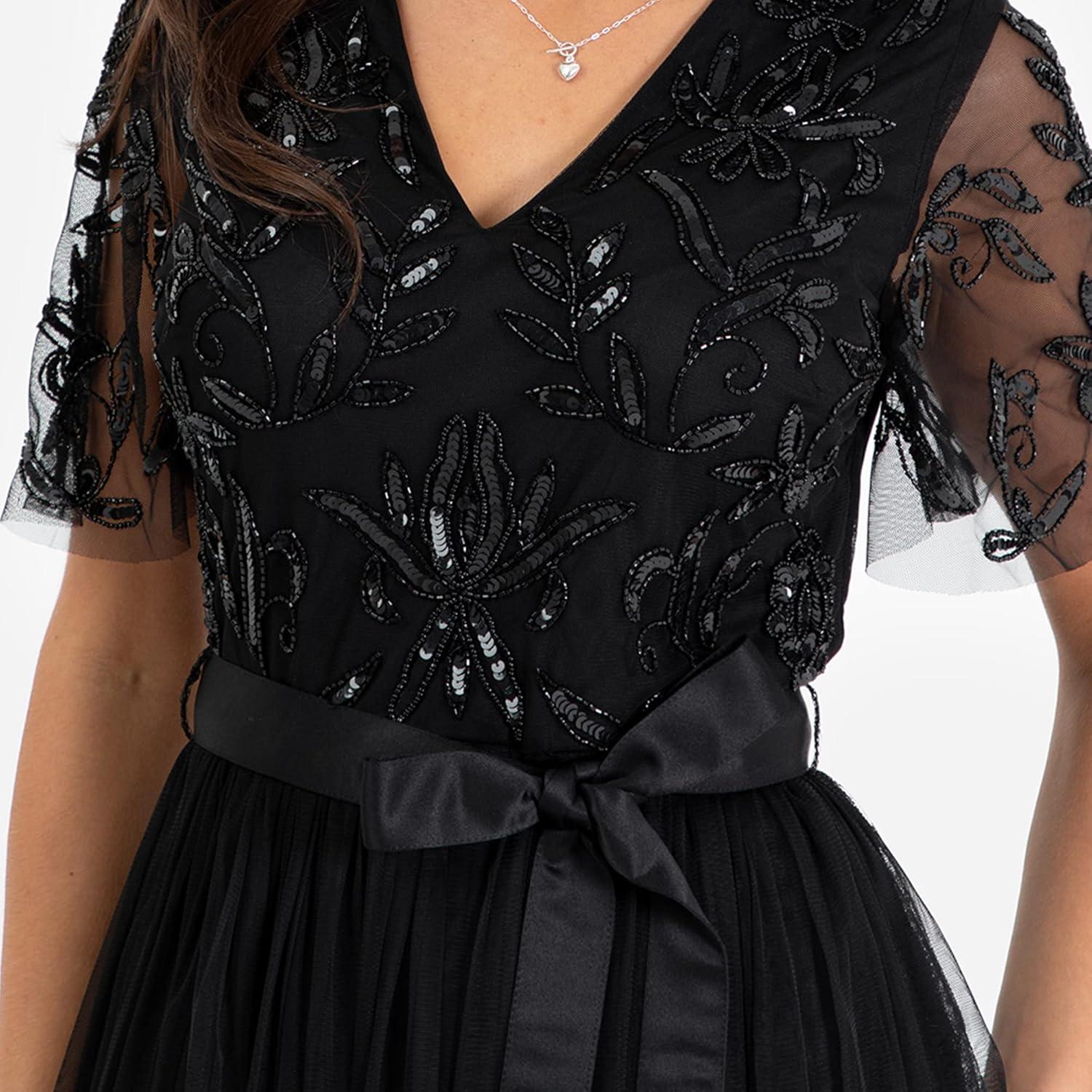 imageMaya Deluxe Womens Maxi Dress Ladies Ball Gown for Wedding Guest Embellished Tie Waist V Neck Bridesmaid Prom Evening Occasion Robe FemmeNoir
