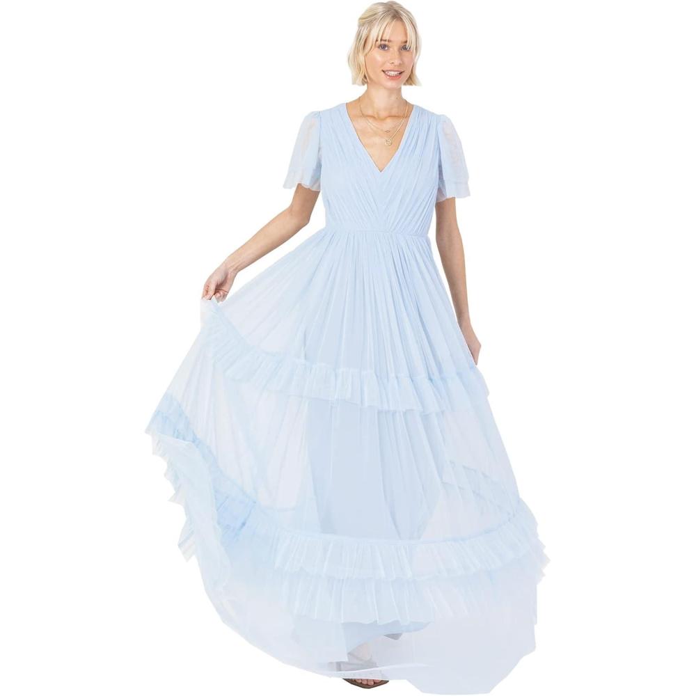 imageAnaya with Love Ladies Maxi Dress for Women Short Sleeve Evening Ball Gown Tiered V Neck Bow Tie Bridesmaid Wedding Guest Prom Long Robe Femme Lot de 1Light Blue