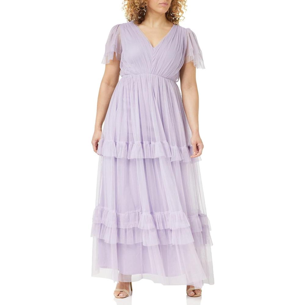 imageAnaya with Love Ladies Maxi Dress for Women Short Sleeve Evening Ball Gown Tiered V Neck Bow Tie Bridesmaid Wedding Guest Prom Long Robe Femme Lot de 1Dusty Lilac