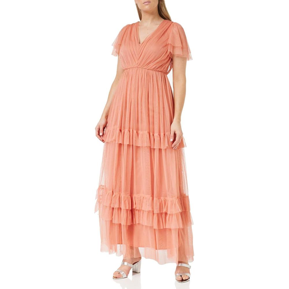 imageAnaya with Love Ladies Maxi Dress for Women Short Sleeve Evening Ball Gown Tiered V Neck Bow Tie Bridesmaid Wedding Guest Prom Long Robe Femme Lot de 1Coral Pink