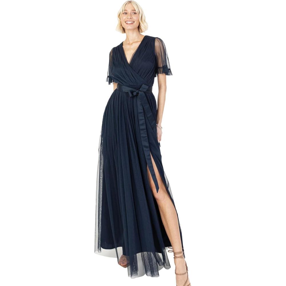 imageAnaya with Love Ladies Maxi Dress for Women V Neckline Short Sleeve Frilly Long Empire Waist for Wedding Guest Bridesmaid Maid of Honour Robe Femme Lot de 1Navy