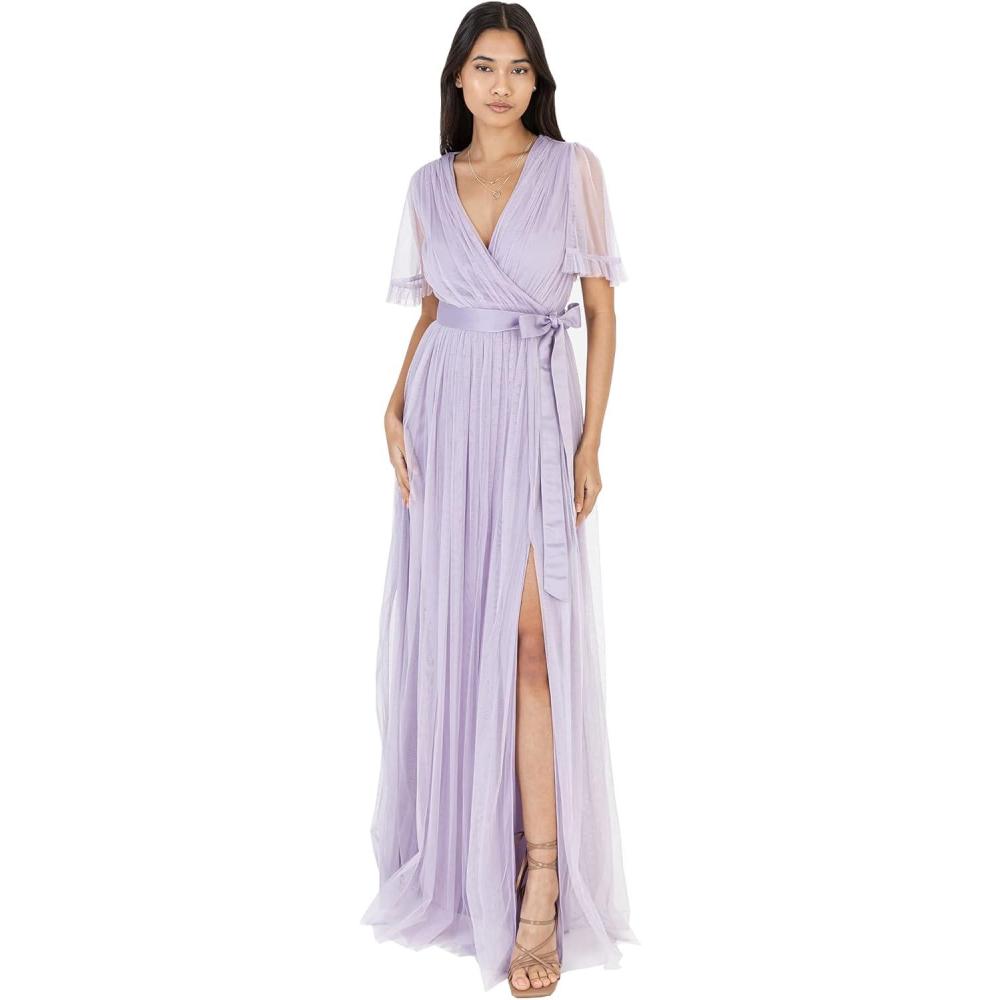 imageAnaya with Love Ladies Maxi Dress for Women V Neckline Short Sleeve Frilly Long Empire Waist for Wedding Guest Bridesmaid Maid of Honour Robe Femme Lot de 1Dusty Lilac