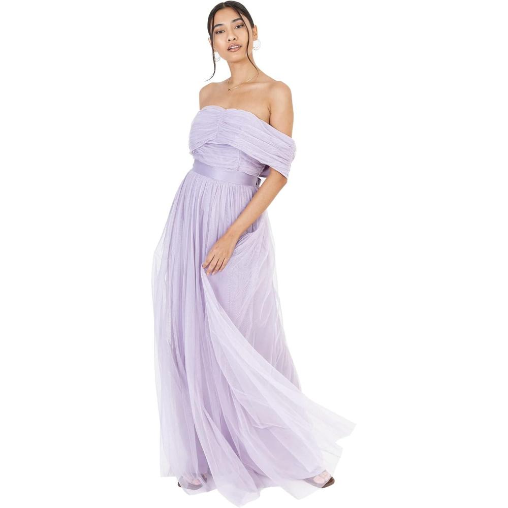 imageAnaya with Love Womens Ladies Maxi Dress Bardot Off Shoulder with Belt Long Empire Waist for Wedding Guest Prom Evening Gown Bridesmaid Robe FemmeDusty Lilac