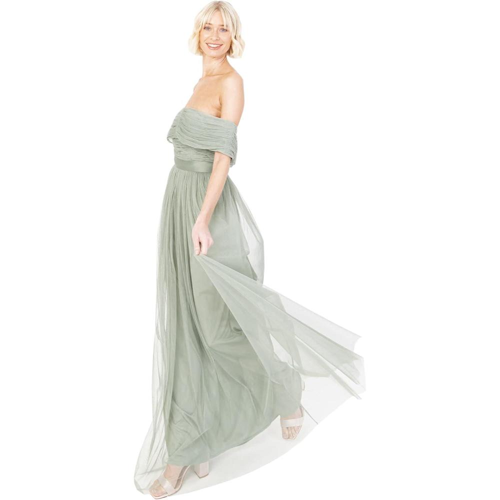 imageAnaya with Love Womens Ladies Maxi Dress Bardot Off Shoulder with Belt Long Empire Waist for Wedding Guest Prom Evening Gown Bridesmaid Robe FemmeFrosted Green