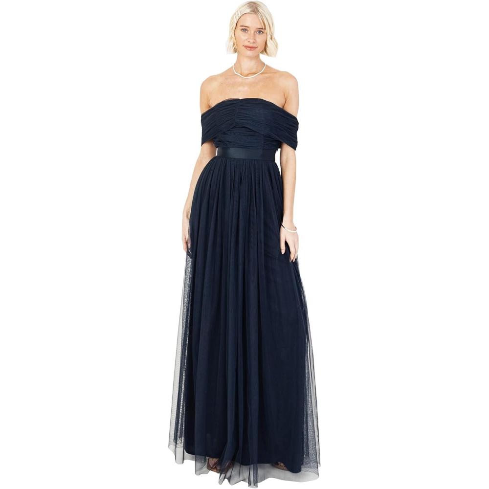 imageAnaya with Love Womens Ladies Maxi Dress Bardot Off Shoulder with Belt Long Empire Waist for Wedding Guest Prom Evening Gown Bridesmaid Robe FemmeNavy Blue