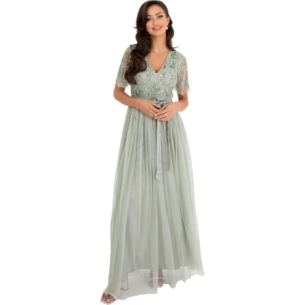 imageMaya Deluxe Womens Maxi Dress Ladies Ball Gown for Wedding Guest Embellished Tie Waist V Neck Bridesmaid Prom Evening Occasion Robe FemmeGreen Lily