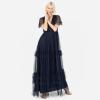Anaya with Love Ladies Maxi Dress for Women Short Sleeve Evening Ball Gown Tiered V Neck Bow Tie Bridesmaid Wedding Guest Prom Long Robe Femme (Lot de 1)(Navy Blue)